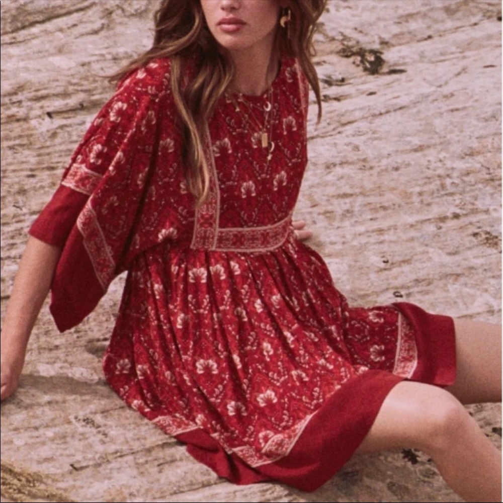 Boho Floral Paisley Gypsy Print Tunic Dress Red - Picture 9 of 9